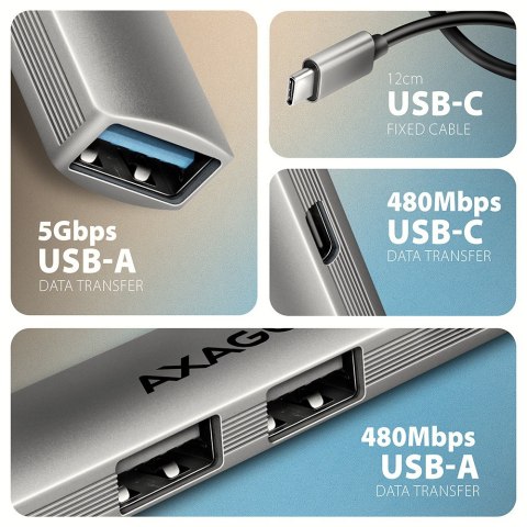 HUE-STC HUB 4-portowy 1x USB-A 5Gbps, 2x USB2.0 + 1x USB-C 2.0, 12cm kabel USB-C