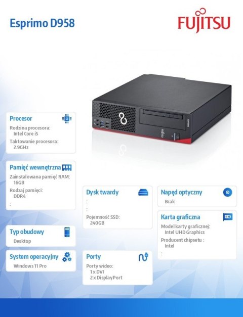 Komputer poleasingowy Esprimo D958 SFF Core i5 9400 (9-gen.) 2,9 GHz / 16 GB / 240 SSD / Win 11 Pro