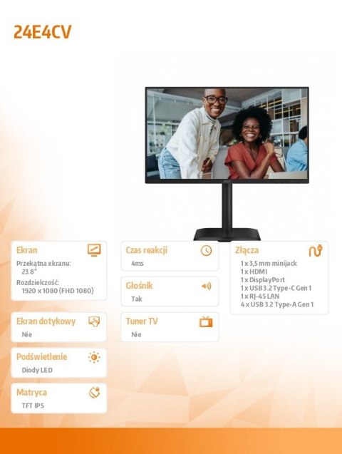 Monitor 24E4CV 23.8 cala IPS 120Hz HDMI DP USB-C RJ45 Pivot Głośniki