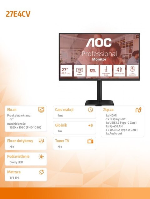 Monitor 27 cali 27E4CV IPS 120 Hz HDMI DP USB-C RJ45