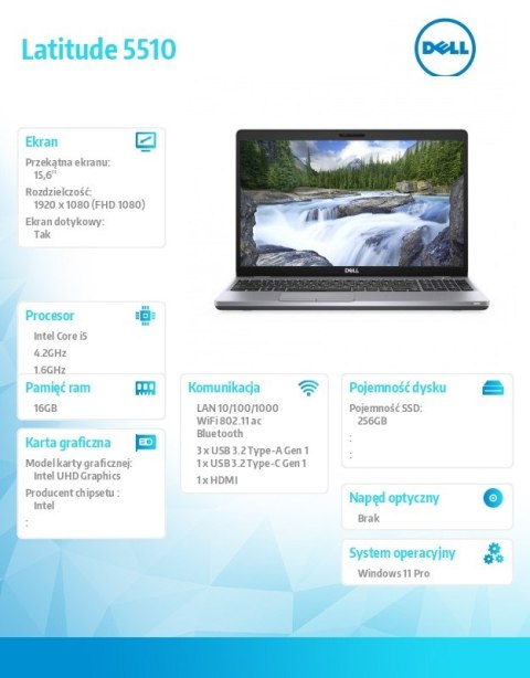 Notebook poleasingowy Latitude 5510 Core i5-10210U (10-gen.) 1,6 GHz / 16 GB / 256 SSD / 15,6" FullHD touch/ Win 11 Prof.