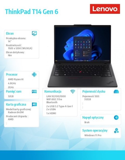 Ultrabook ThinkPad T14 G6 21QJ000TPB W11Pro AI 5 PRO 340/2X16GB/512GB/INT/14.0 WUXGA/Black/3YRS Premier Support + CO2 Offset