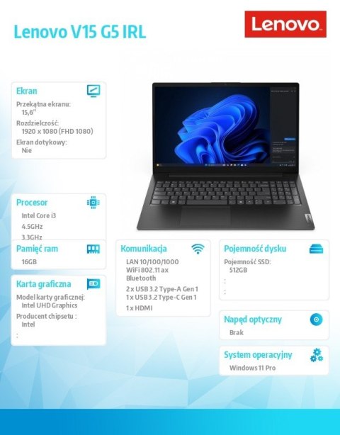 Laptop V15 G5 83GW009CPB W11Pro i3-1315U/16GB/512GB/INT/15.6 FHD/Business Black/3YRS OS + 1YR CI