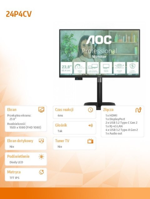 Monitor 24P4CV 23.8 cala IPS 120Hz HDMI DP RJ45 USB-C Pivot Głośniki