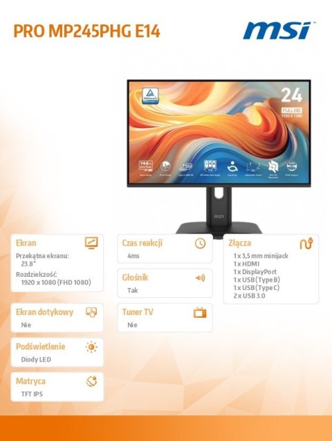 Monitor PRO MP245PHG E14 23.8 cala/LED/FHD/Flat/144Hz/Black