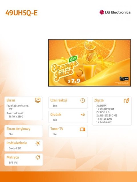 Monitor wielkoformatowy 49 cali 49UH5Q-E 500cd/m2 UHD 24/7