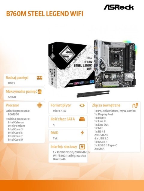 Płyta główna B760M STEEL LEGEND WIFI s1700 4DDR5 DP/HDMI mATX