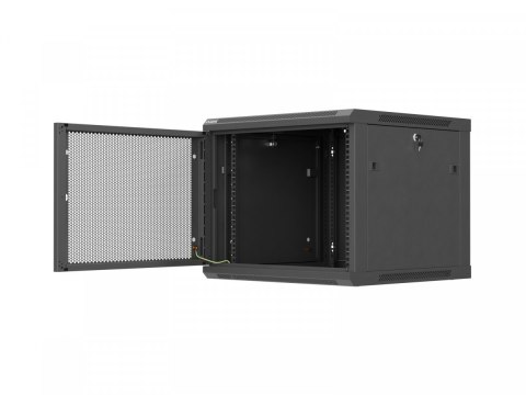 Szafa instalacyjna rack wisząca 19 cali 9U 600x600 czarna drzwi perforownae ( flat pack)