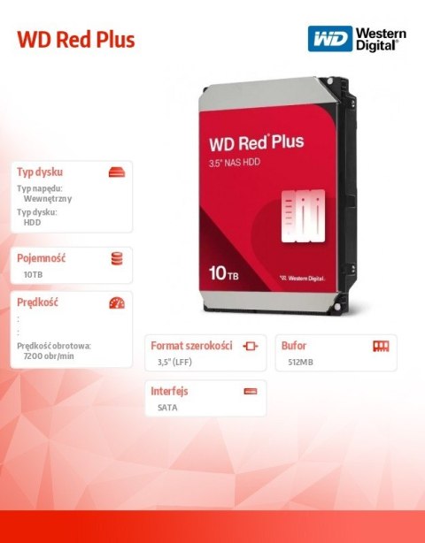 Dysk HDD Red Plus 10TB 3,5'' 512MB/7200RPM WD100EFGX