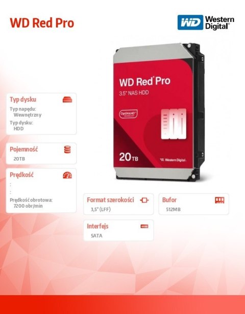 Dysk HDD Red Pro 20TB 3,5'' 512MB/7200rpm WD202KFGX