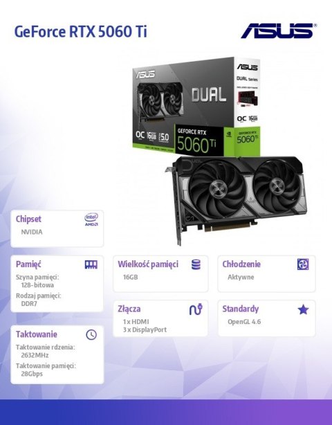 Karta graficzna GeForce RTX 5060 Ti Dual OC 16GB GDDR7 128BIT 3DP/HDMI
