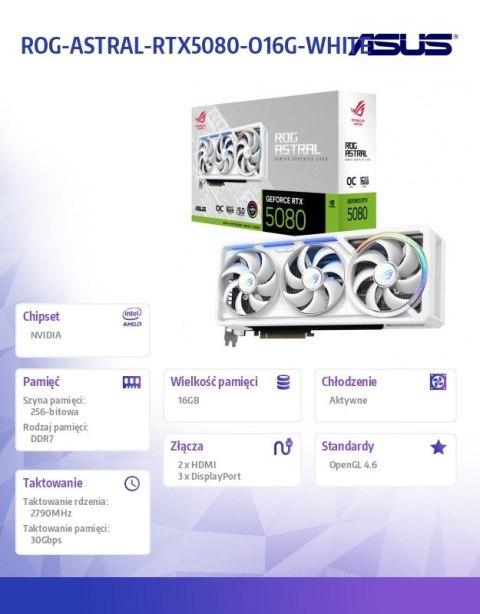 Karta graficzna GeForce RTX 5080 ROG ASTRAL OC GDDR7 256bit 2HDMI/3DP biała