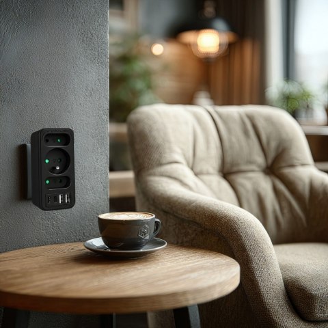 Rozdzielacz na 3 gniazdka MCE248 F/B 2xUSB-A 2xUSB-C czarny