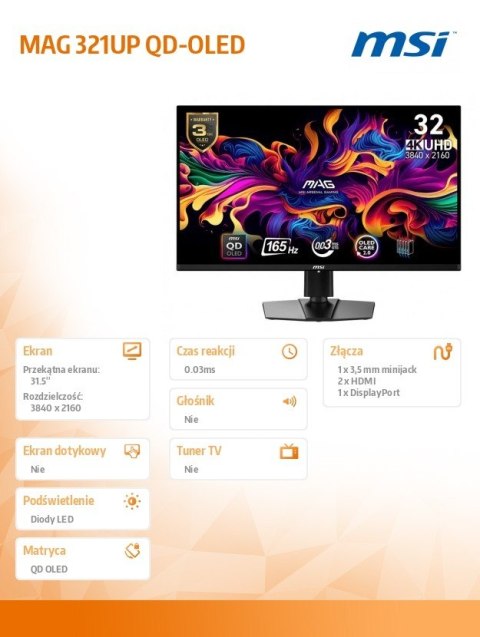 Monitor MAG 321UP QD-OLED 31.5 cala UHD/LED/Flat/165Hz/czarny