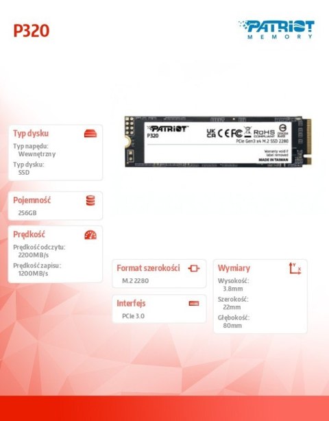 Dysk SSD 256GB P320 PCIe M.2 Gen3 x4 NVMe 2200/1200MB/s