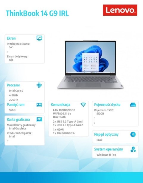 Laptop ThinkBook 14 G9 21UY007EPB W11Pro Core 5 210H/16GB/512GB/INT/14.0 WUXGA/Luna Grey/3YR OS + 1YR CI + CO2 Offset