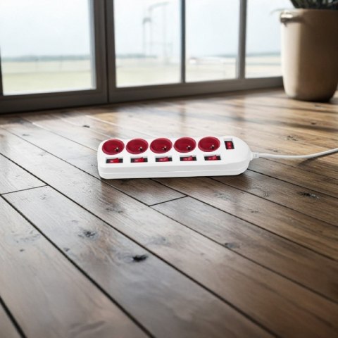 Listwa zasilająca 5 gniazd z włącznikami MCE204 R/W Biało-czerwona