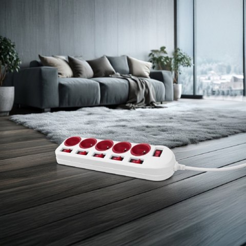 Listwa zasilająca 5 gniazd z włącznikami MCE204 R/W Biało-czerwona