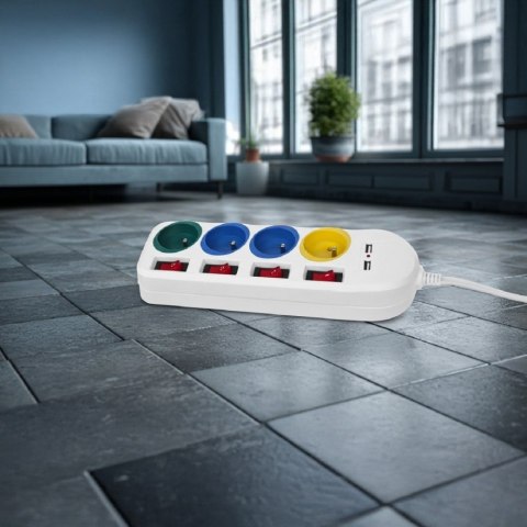 Listwa zasilająca z wyłącznikami 4 gniazda + 2xUSB przedłużacz MCE229W Biała