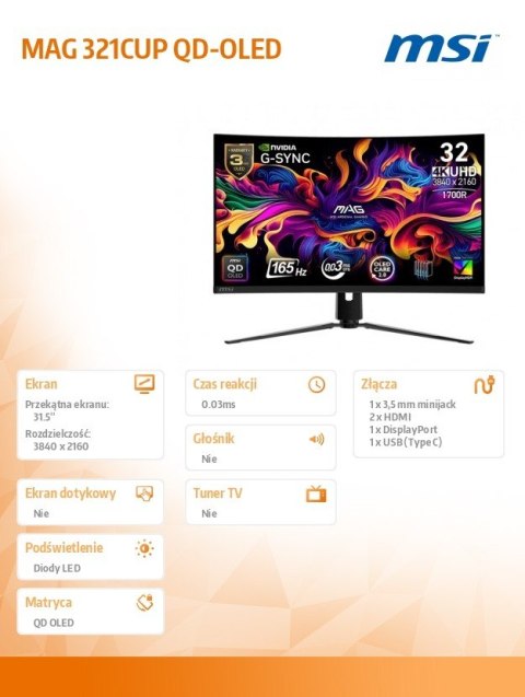Monitor 31.5 cala MAG 321CUP QD-LED/UHD/Curved/165Hz/czarny
